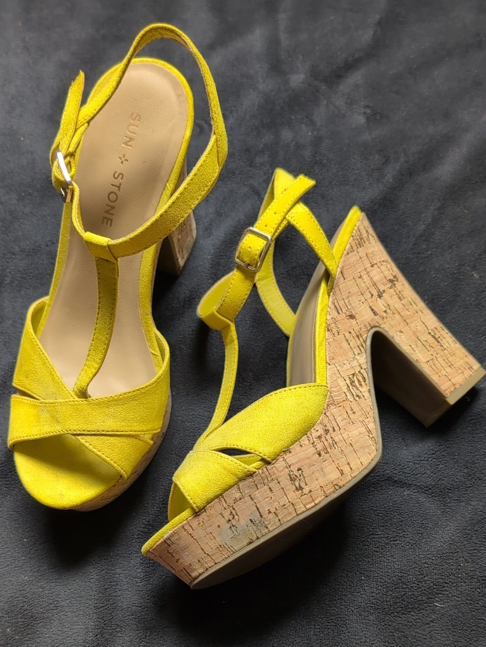 Sun + Shore Black Suede Cork Platform Block Heel Sandals